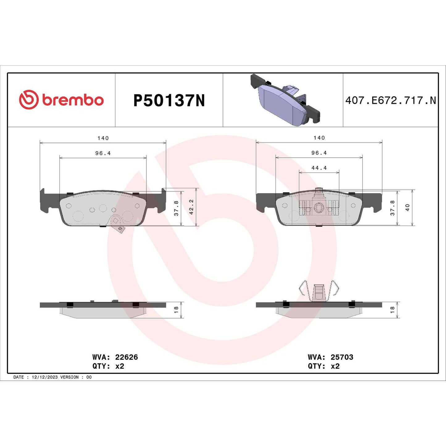 Brembo OE Brembo 2019 Smart EQ fortwo/16-18 Fortwo Front Premium NAO Ceramic OE Equivalent Pad P50137N