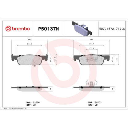 Brembo OE Brembo 2019 Smart EQ fortwo/16-18 Fortwo Front Premium NAO Ceramic OE Equivalent Pad P50137N