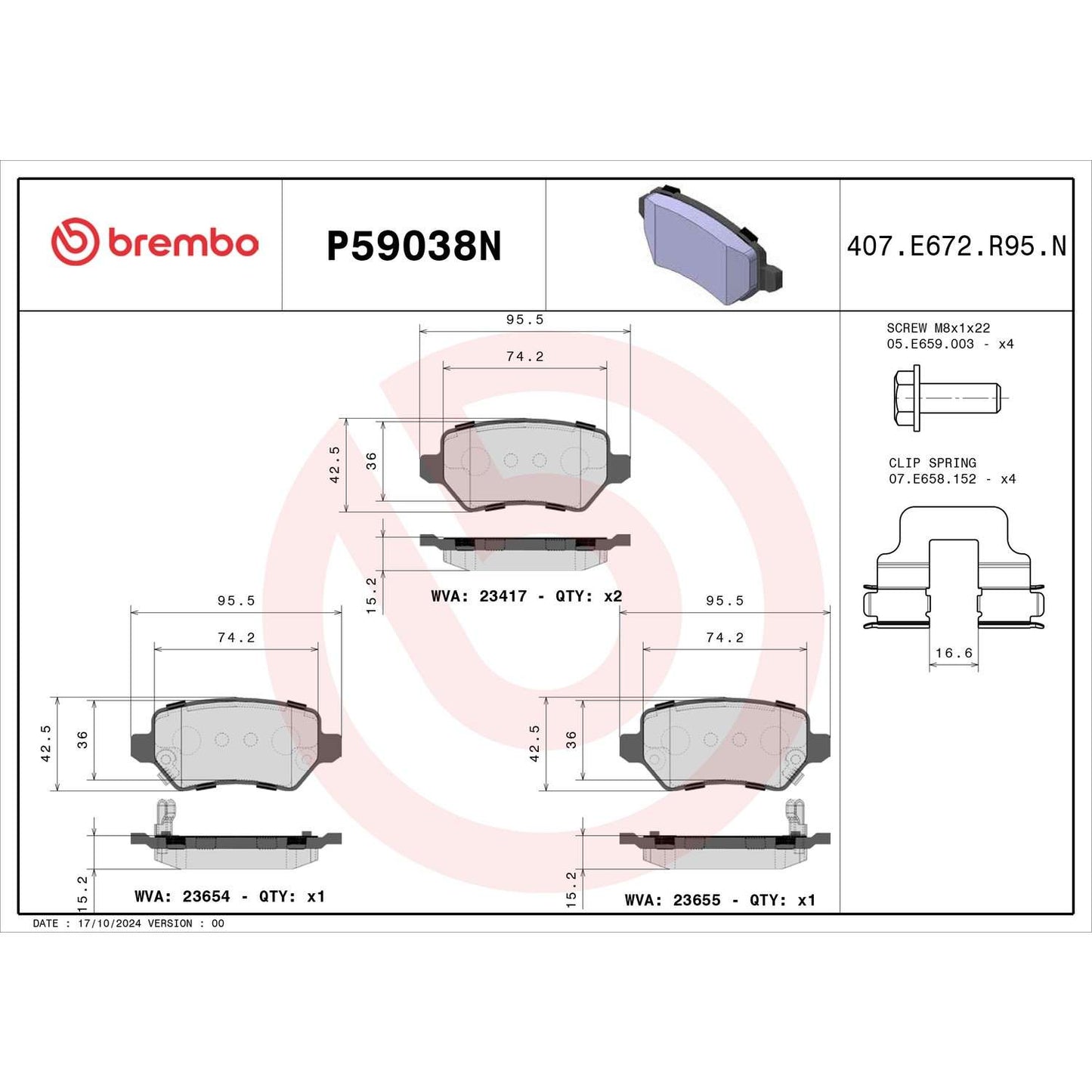 Brembo OE Brembo 2008 Saturn Astra Rear Premium NAO Ceramic OE Equivalent Pad P59038N