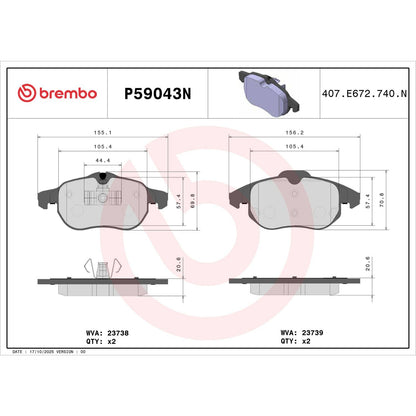 Brembo OE Brembo 03-11 Saab 9-3/10-11 9-3X Front Premium NAO Ceramic OE Equivalent Pad P59043N