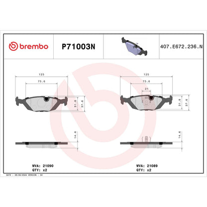 Brembo OE Brembo 88-93 Saab 900/86-98 9000 Rear Premium NAO Ceramic OE Equivalent Pad P71003N