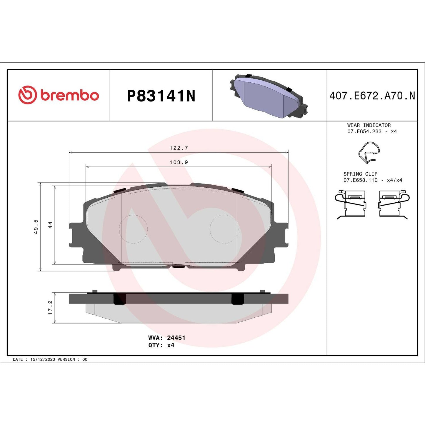 Brembo OE Brembo 2013 Scion iQ/12-19 Toyota Prius C/07-18 Yaris Front Premium NAO Ceramic OE Equivalent Pad P83141N