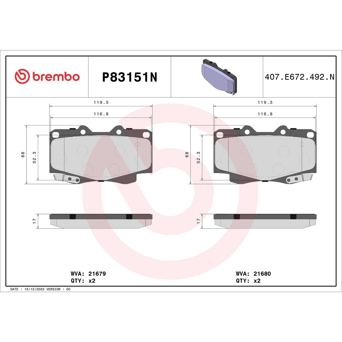 Brembo OE Brembo 00-04 Toyota Tacoma Front Premium NAO Ceramic OE Equivalent Pad P83151N
