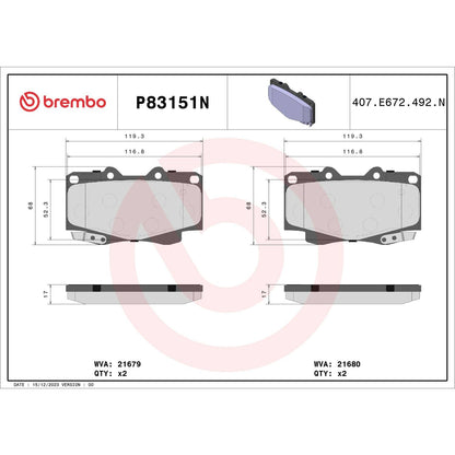 Brembo OE Brembo 00-04 Toyota Tacoma Front Premium NAO Ceramic OE Equivalent Pad P83151N