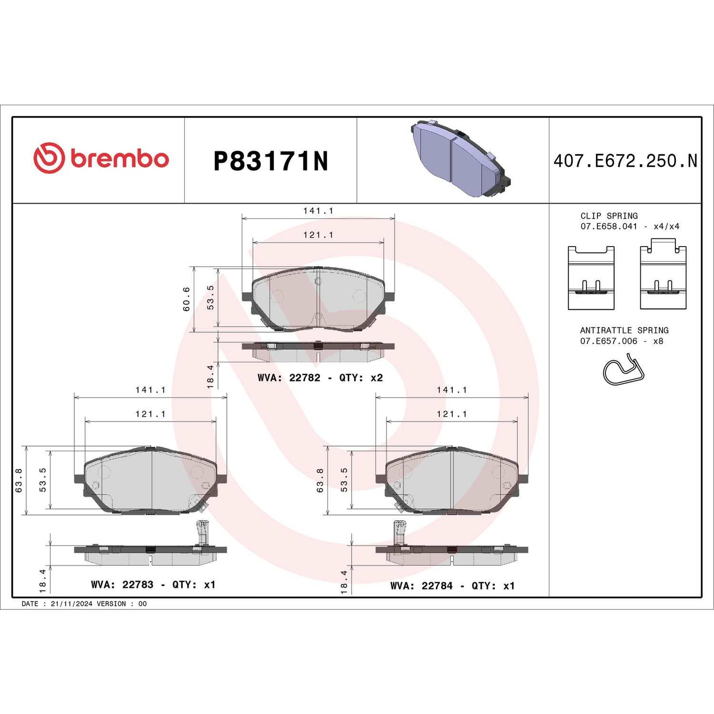 Brembo OE Brembo 18-20 Toyota C-HR Front Premium NAO Ceramic OE Equivalent Pad P83171N
