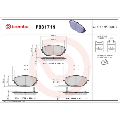 Brembo OE Brembo 18-20 Toyota C-HR Front Premium NAO Ceramic OE Equivalent Pad P83171N