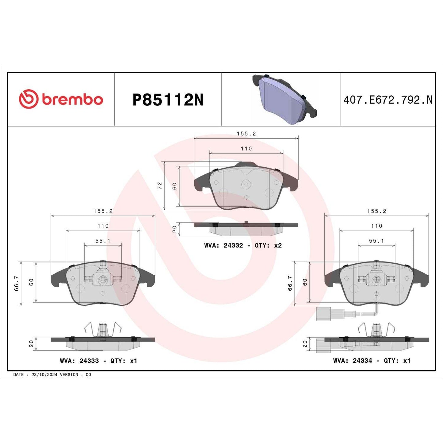 Brembo OE Brembo 17-18 Volkswagen Passat/Tiguan/ Audi Q3/Q3 Quattro Front NAO Brake Pad P85112N