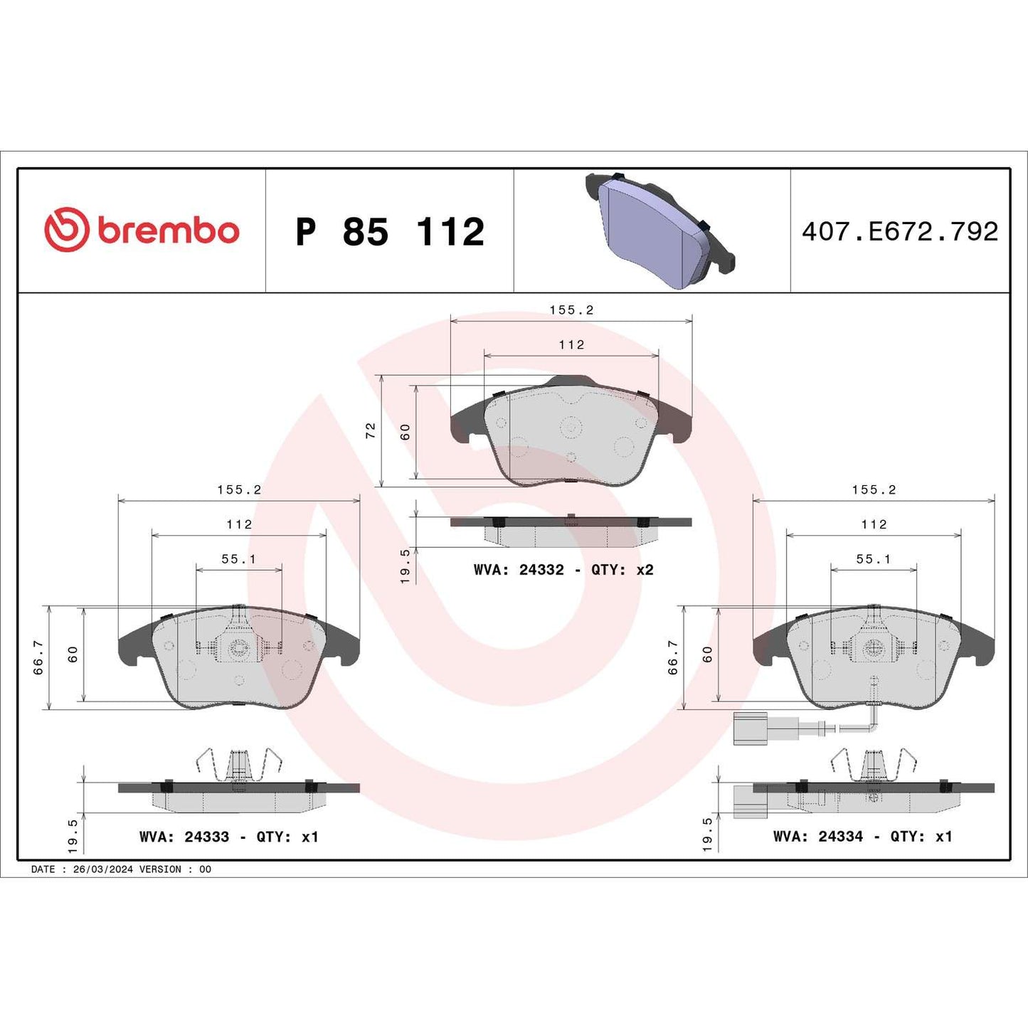 Brembo OE Brembo 17-18 Volkswagen Passat/Tiguan/ Audi Q3/Q3 Quattro Front Low-Met Brake Pad P85112