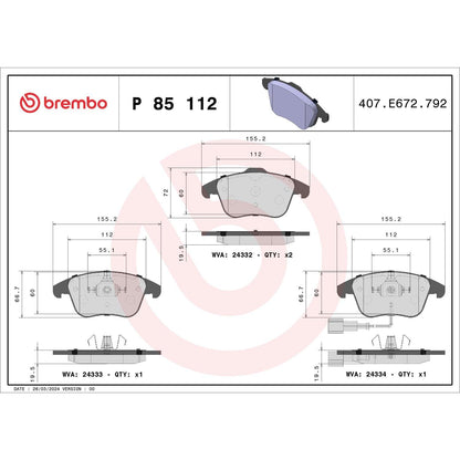 Brembo OE Brembo 17-18 Volkswagen Passat/Tiguan/ Audi Q3/Q3 Quattro Front Low-Met Brake Pad P85112