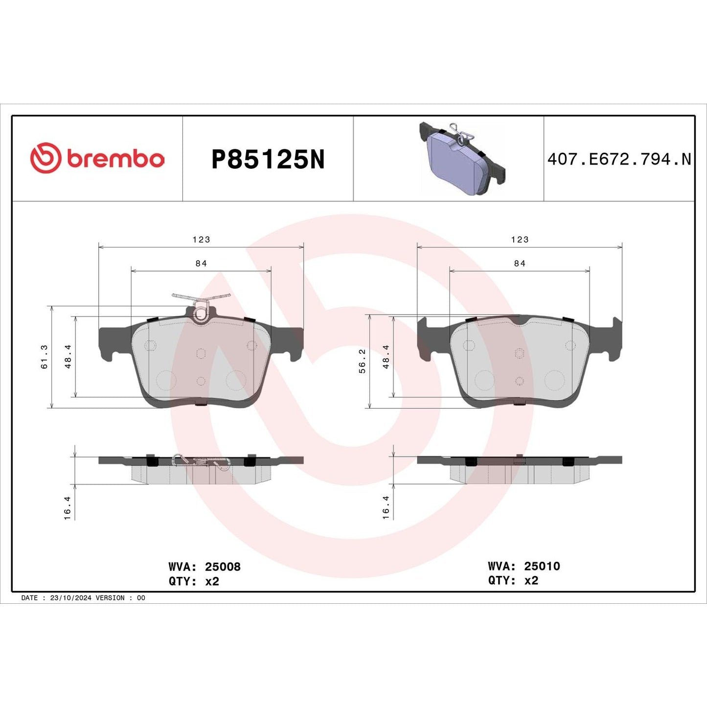 Brembo OE Brembo 15-20 Audi A3 Premium NAO Ceramic OE Equivalent Pad - Rear P85125N