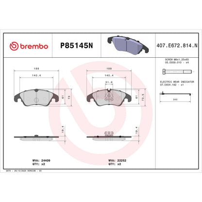 Brembo OE Brembo 12-15 Audi A6/13-15 A6 Quattro/14-15 A7 Quattro Front Premium NAO Ceramic OE Equivalent Pad P85145N