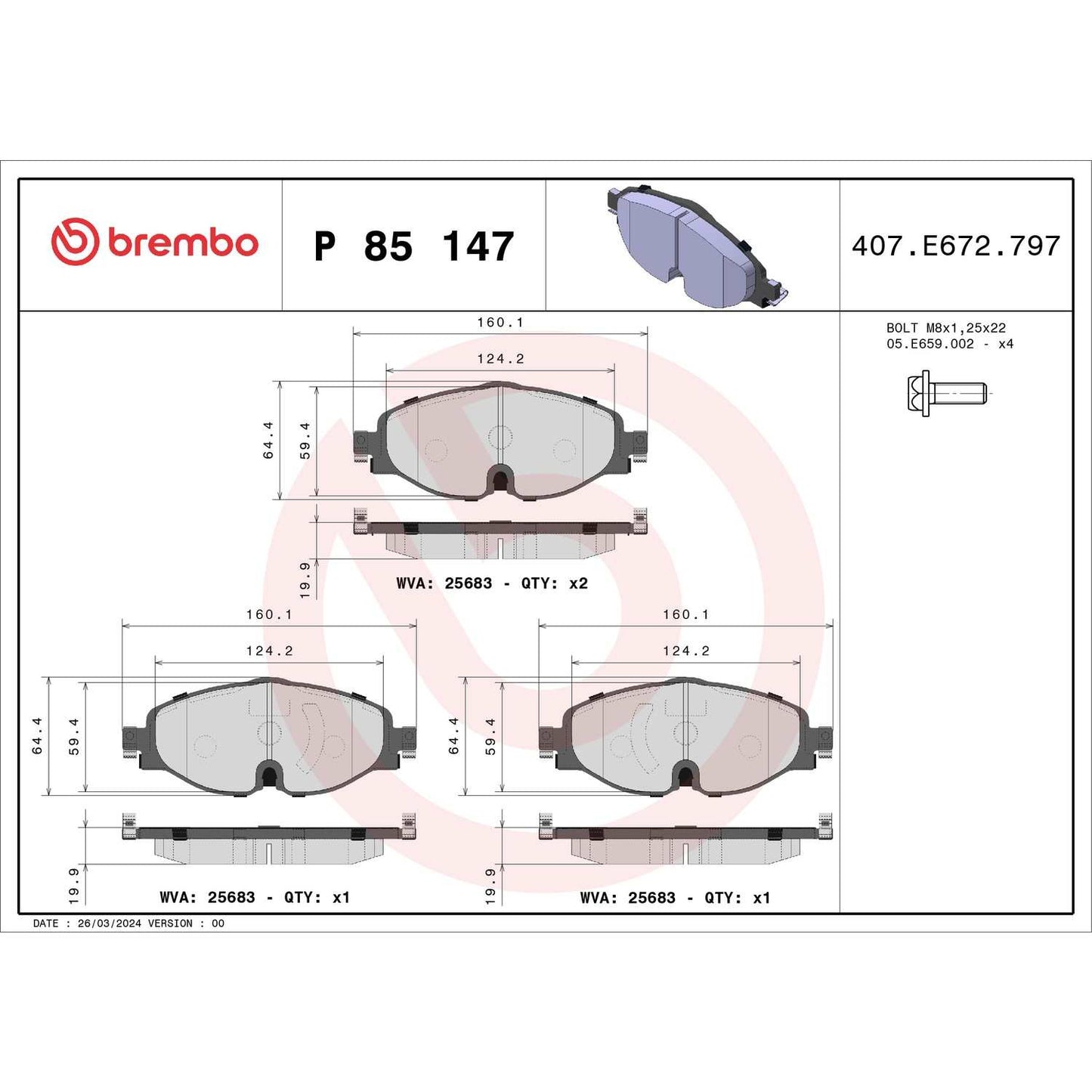 Brembo OE Brembo 15-19 Volkswagen e-Golf Front Premium Low-Met OE Equivalent Pad P85147
