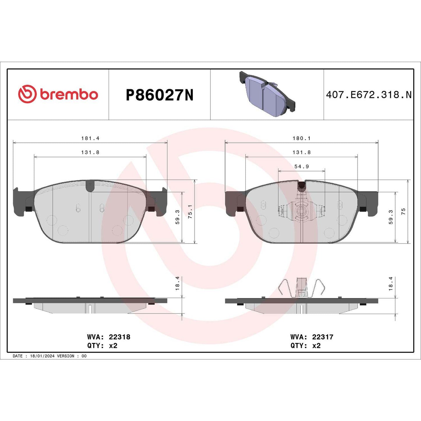 Brembo OE Brembo 19-20 Volvo S60 Premium NAO Ceramic OE Equivalent Pad - Front P86027N