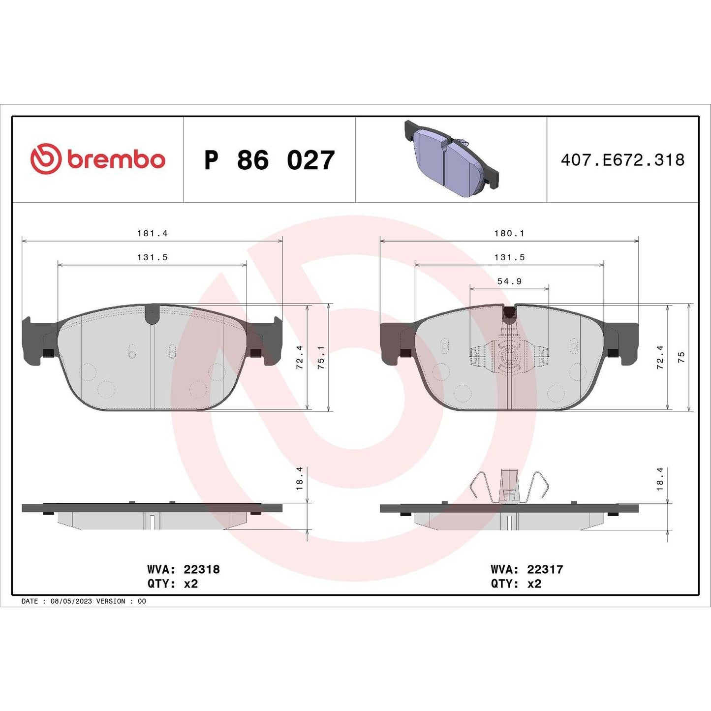 Brembo OE Brembo 18-21 Volvo XC60/Volvo XC90/XC40/S60/S90/V60 Cross Country Front Low-Met Brake Pad P86027