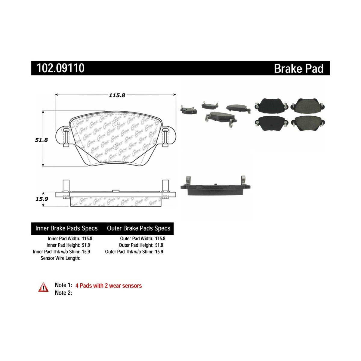 Centric Parts Disc Brake Pad Set Shimmed for Noise Reduction with Semi-Metallic Compounds 102.09110