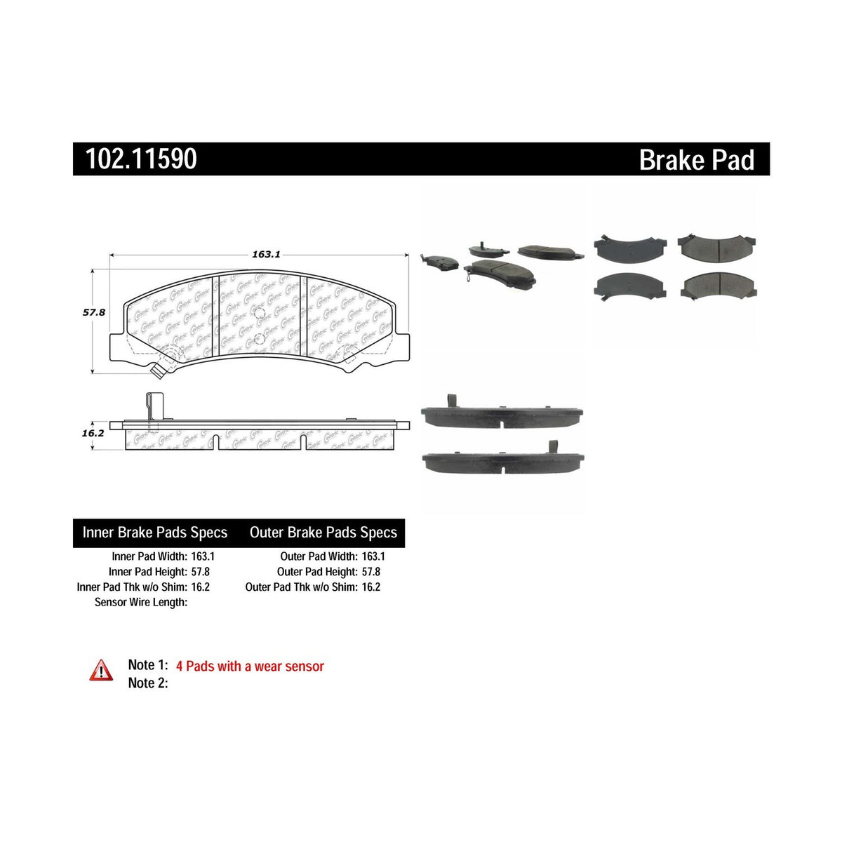 Centric Parts Disc Brake Pad Set Semi-Metallic with Shims for 2008-2016 Buick Allure LaCrosse Lucerne Cadillac DTS Chevrolet Impala Impala Limited Monte Carlo 102.11590