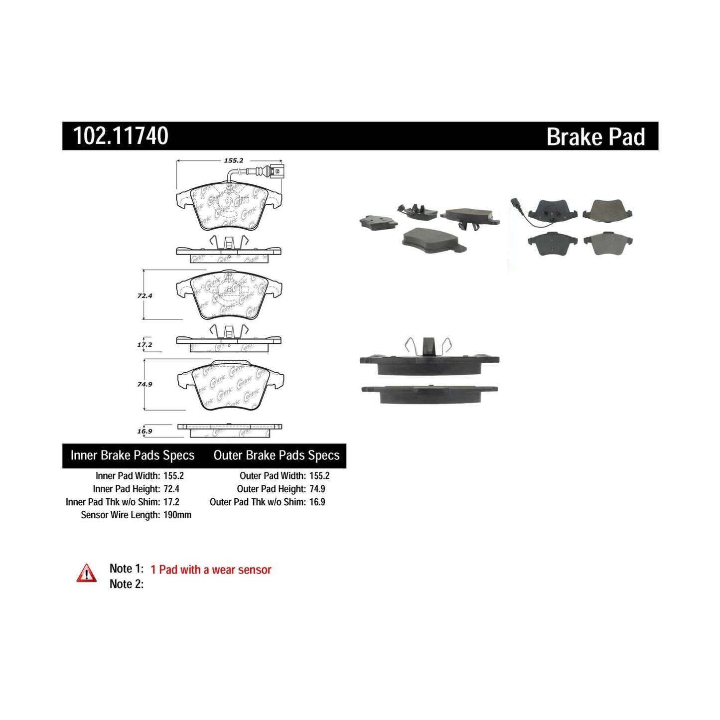 Centric Parts Disc Brake Pad Set Semi-Metallic with Shims for 2010-2019 Volkswagen Transporter 102.11740