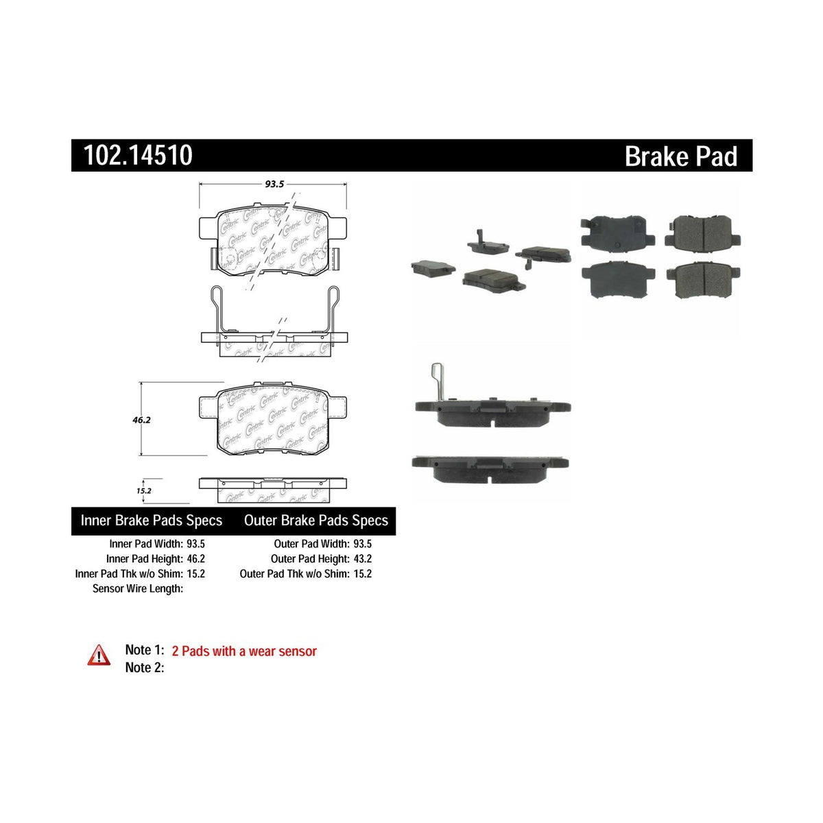 Centric Parts Disc Brake Pad Set Semi-Metallic with Shims for 2011-2014 Acura TSX 2011-2017 Honda Accord 102.14510