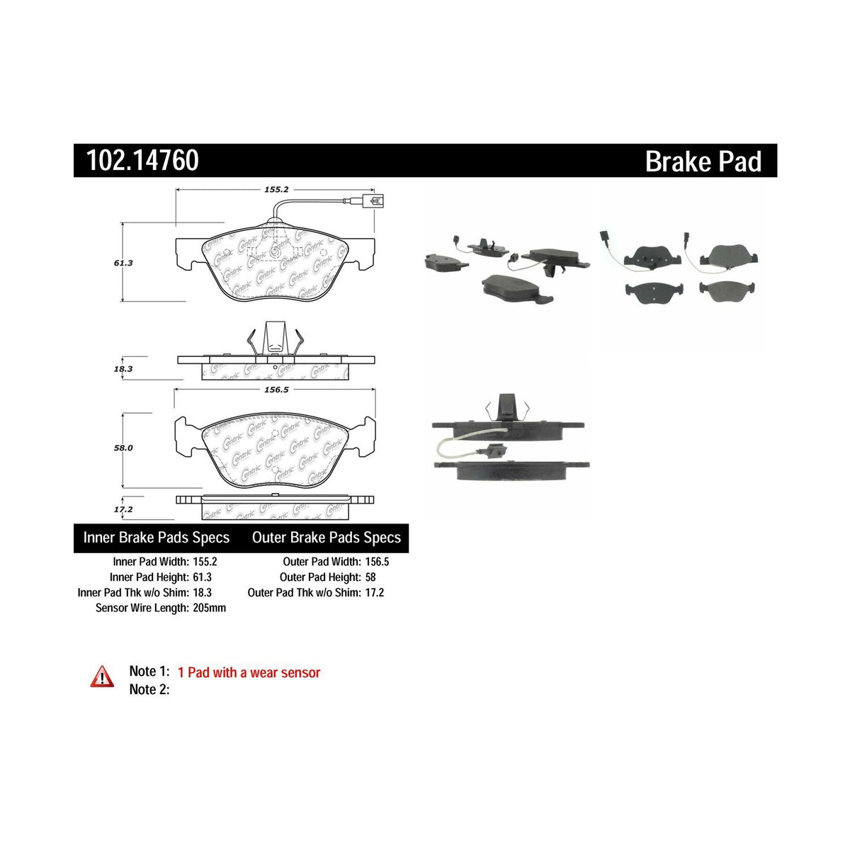 Centric Parts Disc Brake Pad Set Semi-Metallic with Shims for Alfa Romeo 147 2005-2002 147 2007 156 2004-2002 Fiat Palio 2019-2018 102.14760