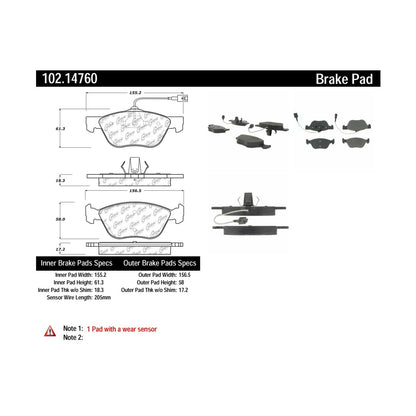 Centric Parts Disc Brake Pad Set Semi-Metallic with Shims for Alfa Romeo 147 2005-2002 147 2007 156 2004-2002 Fiat Palio 2019-2018 102.14760