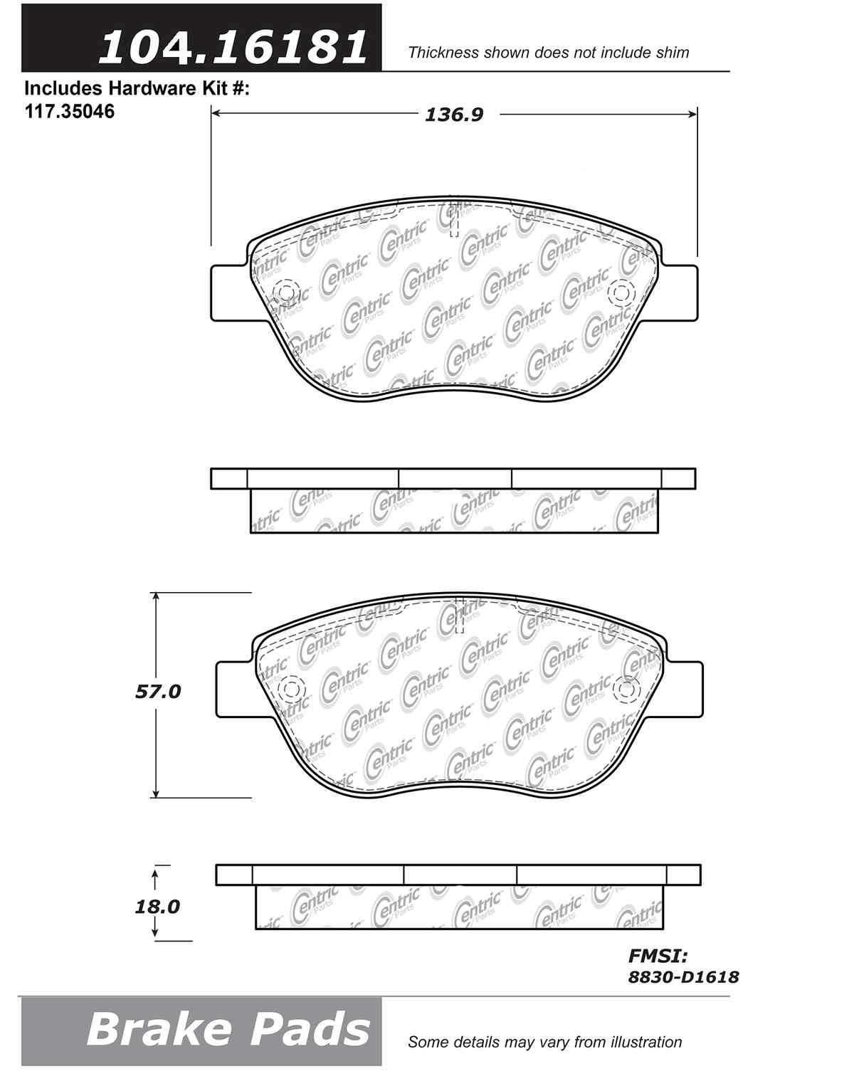 Centric Parts Disc Brake Pad Set Semi-Metallic with Posi Quiet for 2012-2019 Fiat 500 2015-2017 Ram 700 104.16181