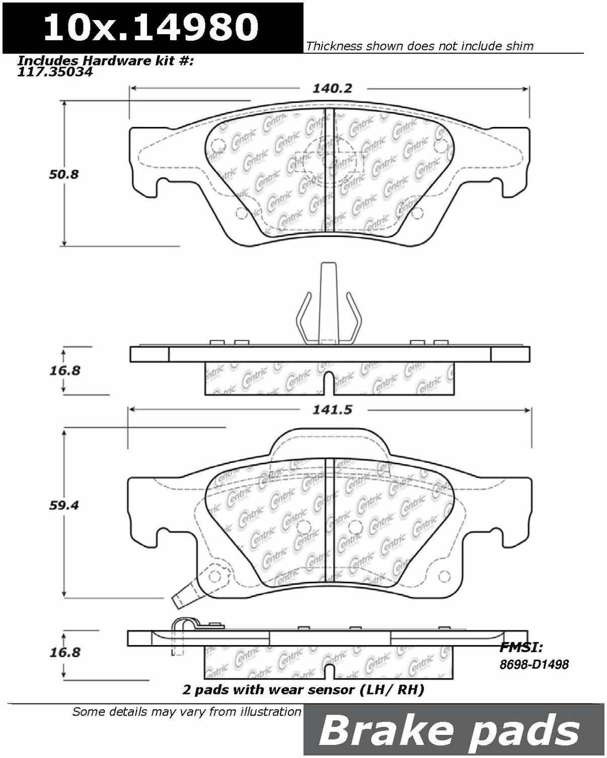 Centric Parts Disc Brake Pad Set Posi Quiet Ceramic with Shims for 2011-2020 Dodge Durango Jeep Grand Cherokee 105.14980