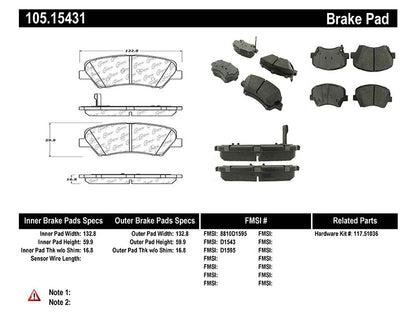 Centric Parts Disc Brake Pad Set Posi Quiet Ceramic with Shims for 2013-2016 Hyundai Elantra GT, 2012-2015 Veloster, 2014-2016 Kia Forte/Forte5/Koup 105.15431