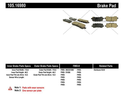 Centric Parts Disc Brake Pad Set Posi Quiet Ceramic with 100% Shimmed Noise Elimination for 2014-2020 Acura RLX 2020-2015 TLX 2023-2021 Honda Odyssey 105.16980