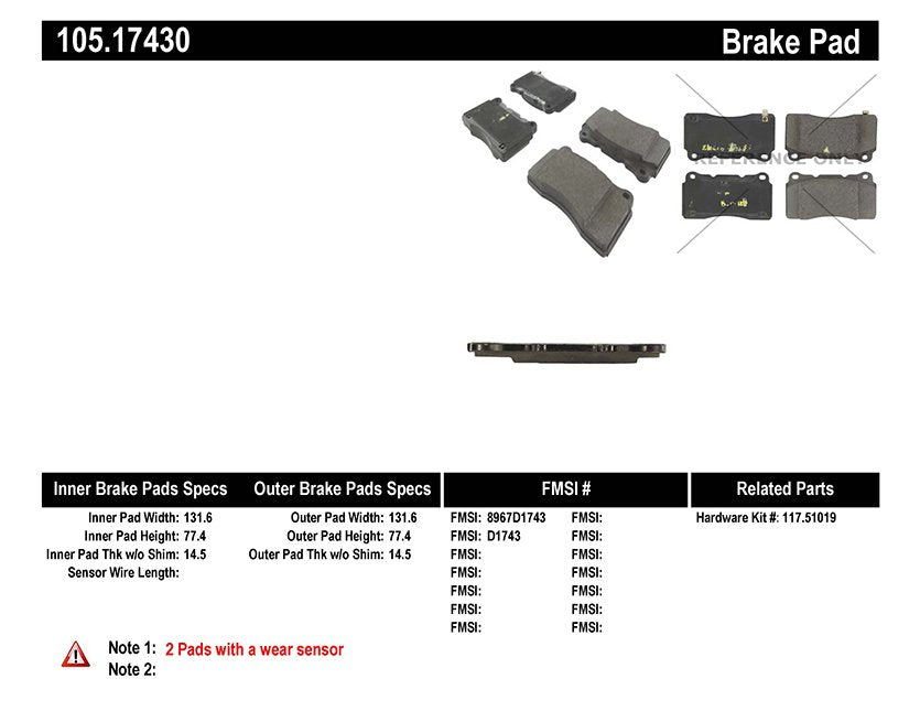 Centric Parts Disc Brake Pad Set Posi Quiet Ceramic with Shims for 2015-2016 Hyundai Genesis Coupe 105.17430