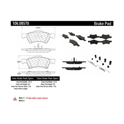 Centric Parts Disc Brake Pad Set Posi Quiet Extended Wear with Shims and Hardware for 2001-2007 Chrysler Town & Country, Voyager 2003, 2005-2006, Dodge Caravan, Grand Caravan 106.08570