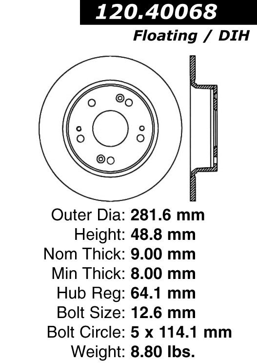 Stoptech Centric 08-10 Honda Accord EX/EX-L/LX/LX-P/LX+ Rear Performance Rotor 120.40068