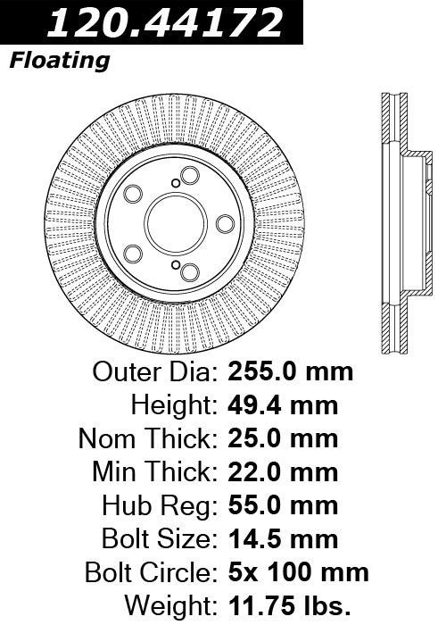 Centric Parts Disc Brake Rotor Premium with E-Coat for 2011-2016 Lexus CT200h, 2010-2015 Toyota Prius, 2012-2015 Prius Plug-In 120.44172