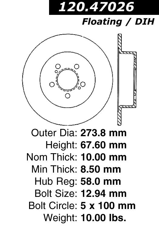 Centric Parts Disc Brake Rotor Premium with E-Coat anti-corrosive coating for 2005-2009 Subaru Legacy Outback 120.47026