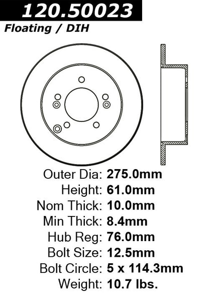 Centric Parts Disc Brake Rotor Premium with Anti-corrosive paint for 2007-2012 Kia Rondo 120.50023