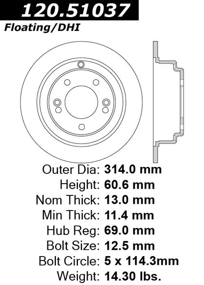 Stoptech Centric 10 + Hyundai Genesis Coupe Non-Track Rear Performance Rotor (One Rotor) 120.51037