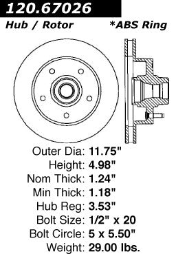 Centric Parts Premium Brake Rotor with Electrocoating for Dodge B150 1994, B250 1994, B1500 1995-1998, B2500 1995-1997, Ram 1500 Van 1999-2002 120.67026