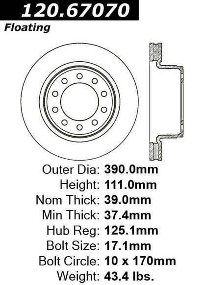 Centric Parts Disc Brake Rotor Premium with E-Coat anti-corrosive for 2008-2010 Dodge Ram 4500/5500, 2011-2022 Dodge Ram 4500/5500 120.67070