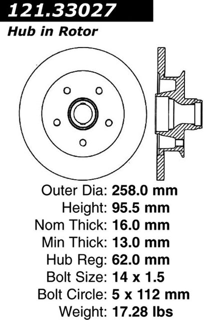 Centric Parts Disc Brake Rotor and Hub Assembly Standard Brake Rotor with Non-Directional Finishes for 1986-1991 Volkswagen Vanagon 121.33027