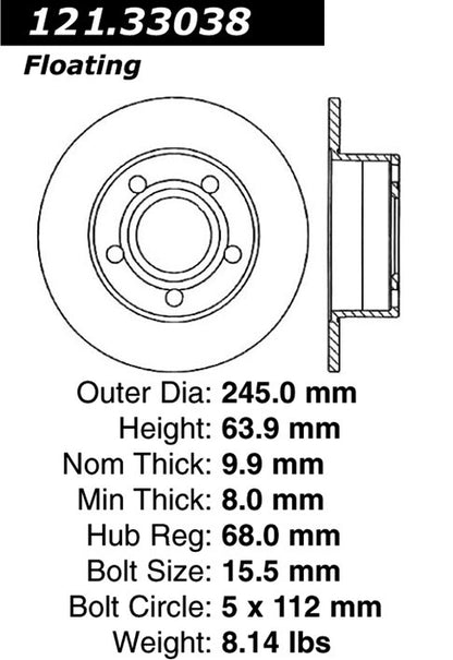 Centric Parts Disc Brake Rotor Standard with Non-Directional Finishes for 1992-2008 Audi Seat Volkswagen 121.33038
