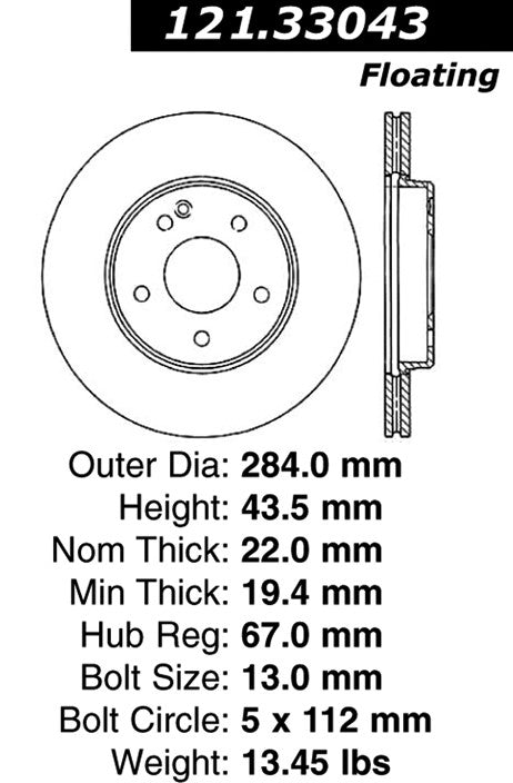 Centric Parts Disc Brake Rotor C-Tek Standard with Non-Directional Finishes for 1994-1997 Mercedes-Benz C220 C230 C280 121.33043