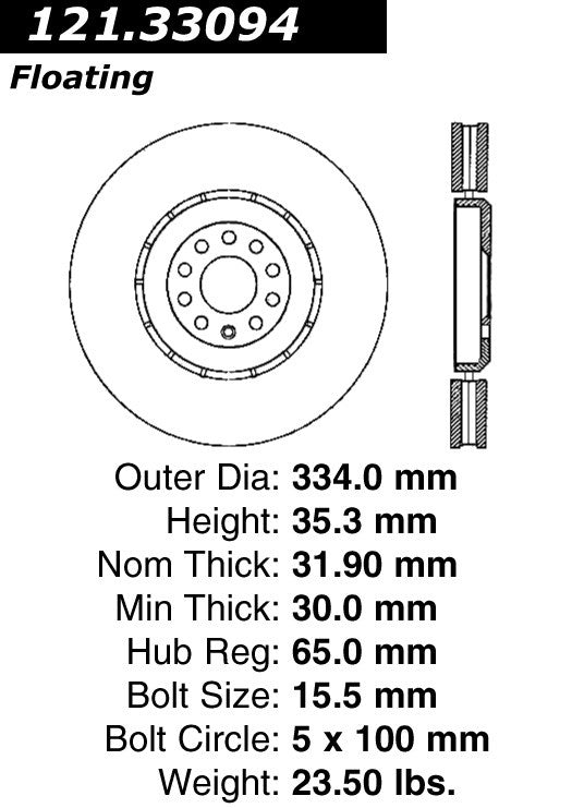 Centric Parts Disc Brake Rotor Standard with C‑Tek for 2004-2006 Audi TT Quattro 121.33094