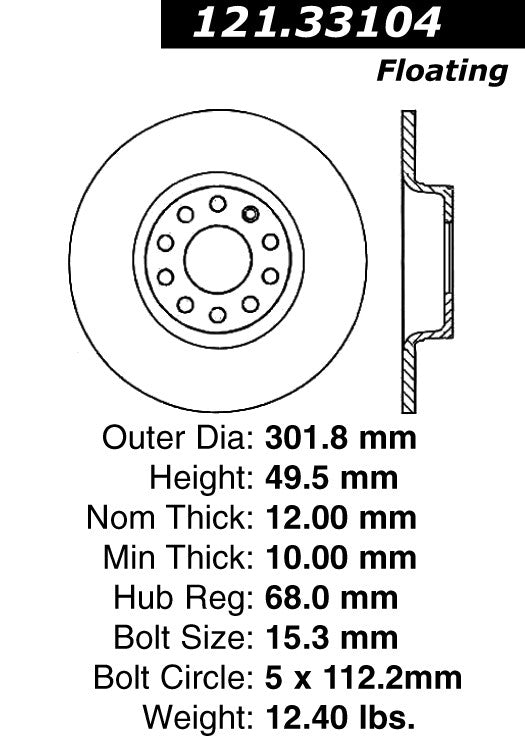 Centric Parts Disc Brake Rotor Standard with Non-Directional Finishes for 2006-2011 Audi A6 Quattro 121.33104