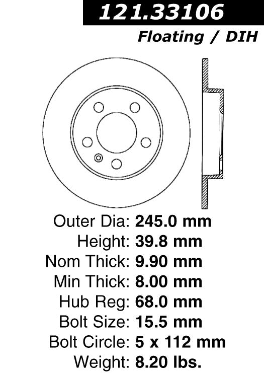 Centric Parts Disc Brake Rotor Standard with Non-Directional Finishes for 2001-2008 Audi A4, 2002-2004 Audi A4 Quattro 121.33106