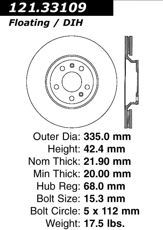 Centric Parts Disc Brake Rotor C-Tek Standard Non-Directional Finishes for 2010-2005 Audi A8 Quattro, 2009-2007 S8, 2012-2003 Bentley Continental 121.33109