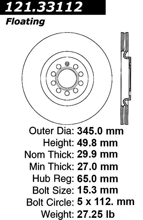 Centric Parts Disc Brake Rotor C-Tek Standard Non-Directional Finishes for 2008-2013 Audi S3, Seat Leon, VW CC, Golf R, Passat 121.33112