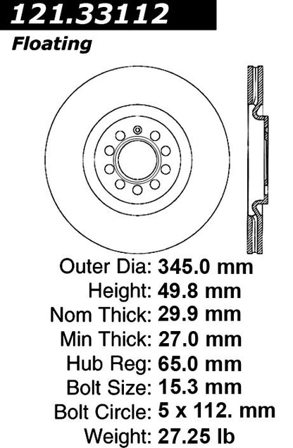 Centric Parts Disc Brake Rotor C-Tek Standard Non-Directional Finishes for 2008-2013 Audi S3, Seat Leon, VW CC, Golf R, Passat 121.33112