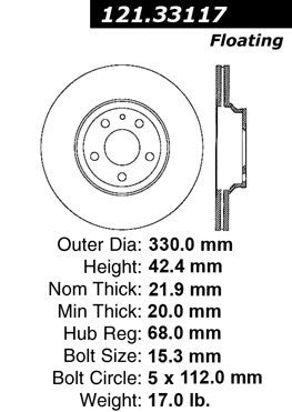 Centric Parts Disc Brake Rotor Standard with Non-Directional Finishes for 2007-2011 Audi S6 121.33117