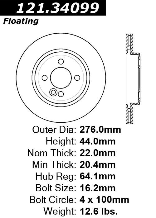Centric Parts Disc Brake Rotor Standard with C-Tek for 2007-2008 Mini Cooper 121.34099