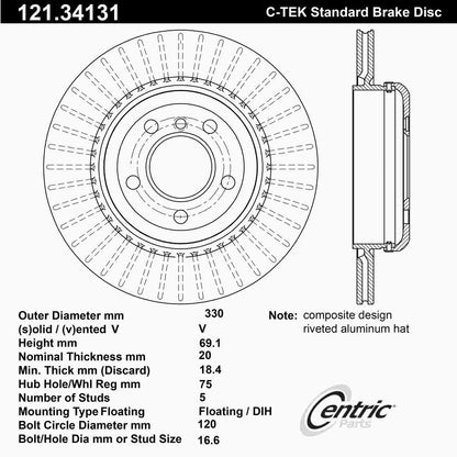 Centric Parts Disc Brake Rotor C-Tek Standard Non-Directional Finishes for 2011-2016 BMW 528i 535i 535d xDrive ActiveHybrid 5 121.34131
