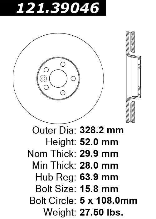Centric Parts Disc Brake Rotor Standard with Non-Directional Finishes for 2010-2017 Volvo XC60 121.39046